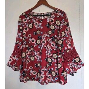 Valerie Stevens Tunic Womens L Red Floral Bell Sleeve Blouse Embroidered Boho